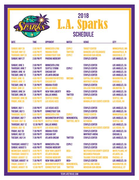 Printable2018 Los Angeles Sparks Basketball Schedule