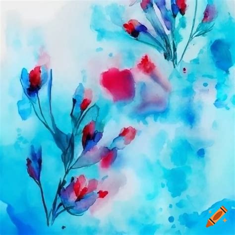 Contemporary watercolor painting of red flowers on blue and green background