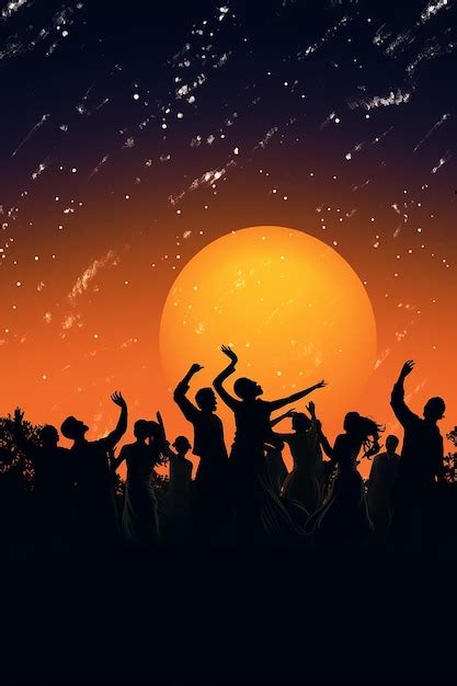 Siluetas de personas bailando el Bhangra y Gidda contra un cielo crepúsculo capturando el lohri ...
