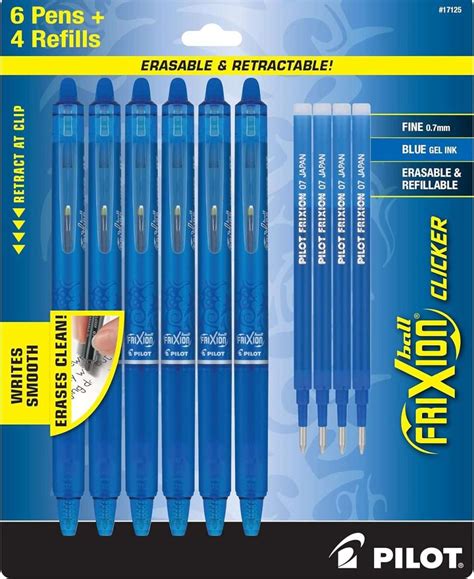 Pilot Frixion Erasable Pens - 6 Pack of Blue Ink Pens + 4 Bonus Refills - Frixion Clicker ...