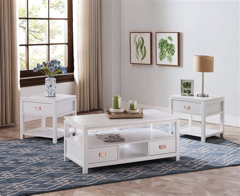 Adelaide 3 Piece Storage Coffee Table Set, White Wood, With Drawers & Shelves, Contemporary ...