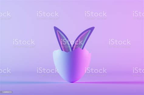 Easter Concept Easter Bunny Ears In Broken Egg Shells On Neon Background Stock Photo - Download ...