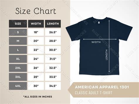 American Apparel 1301 Size Chart, Sizing Guide for Classic Adult Short Sleeve Tee, JPG Design ...