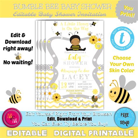 Editable Bumble Bee Baby Shower Invitations Printable, Bumblebee Invit – Mug and Mouse Designs