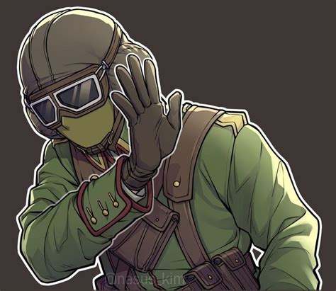 a drawing of a soldier wearing goggles and holding his hand up to his face