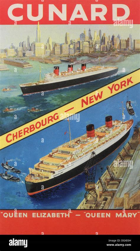 Cunard's Queen Mary and Queen Elizabeth cruise ships White Star Line ad vintage travel poster ...