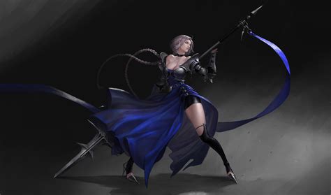 Kim Ji Hyun, warrior, women, spear, weapon, cleavage, dress, fantasy girl, fantasy art, artwork ...