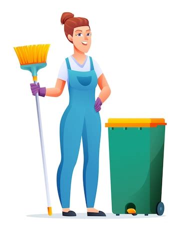 Premium Vector | Cleaning service woman with broom and trash can ...