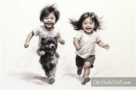 A line drawing black and white, of two children playing with their toys ...