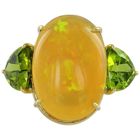 Fire Opal Peridot Gold Three-Stone Cocktail Ring For Sale at 1stDibs