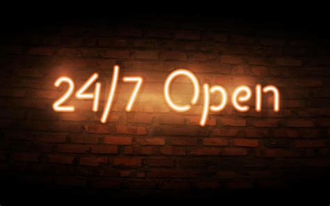 Neon Open 24 7 sign on brick wall background. 7740778 Vector Art at ...