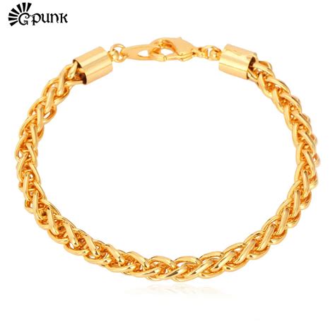 Men Wheat Spiga Link Chain Bracelet 6mm 21cm yellow Gold color HipHop Style Bracelet With Clasp ...