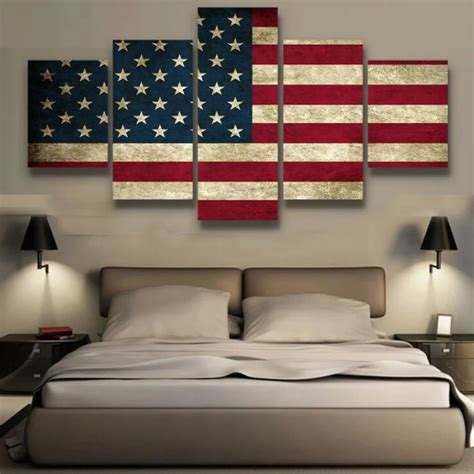 5 Panels Canvas Prints Painting Retro Rustic American Flag Wall Art -in ...