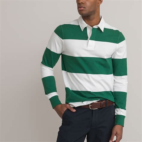 Polo rayé en coton, manches longues vert/blanc La Redoute Collections ...