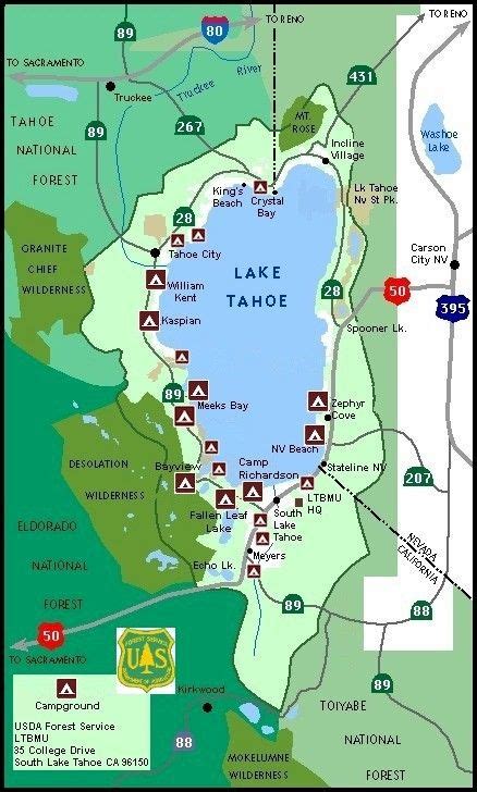 Lake Tahoe Basin Map and links to hiking trails | U S Forest Service ...