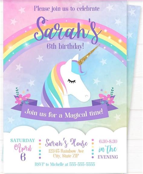 Sweet Party with Rainbow Unicorn Invitation Template – FREE Printable | Rainbow unicorn birthday ...