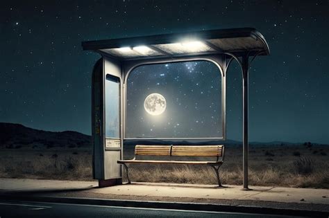 Premium AI Image | Empty bus stop at night with view of the moon and ...