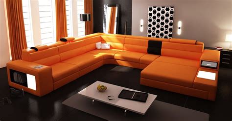 Polaris Orange Italian Leather Sectional Sofa U Shaped Sectional Sofa, Sectional Sofas Living ...
