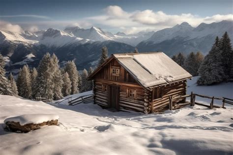 Premium AI Image | A log cabin in the snow with snowy mountains in the ...