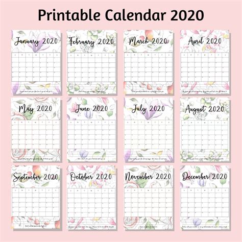 Beautiful Floral Free Printable Calendar 2020 - For Mommies