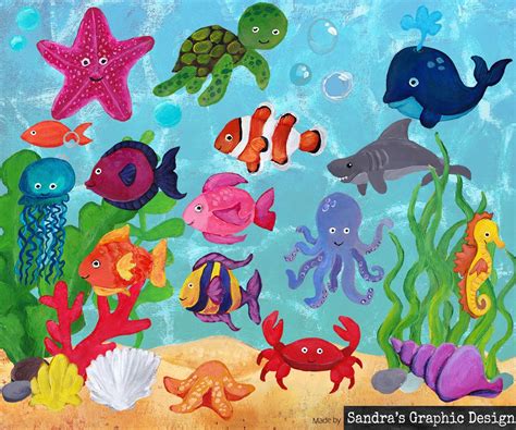 Sea life clipart hand painted images of fish shark squid