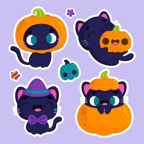 Halloween Stickers Chat Mignon Et Citrouille | Vecteur Gratuite