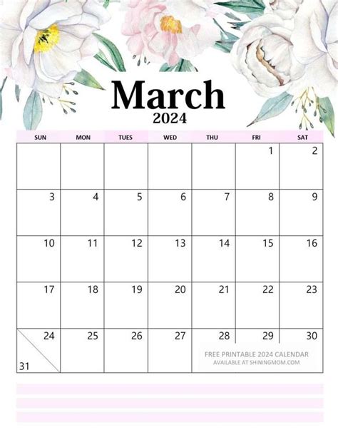 a march calendar with flowers on the front and back pages, in pinks and ...