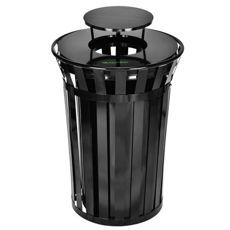 Alpine Industries 38 Gal. Black Metal Slatted Outdoor Commercial Trash Can Receptacle with Rain ...