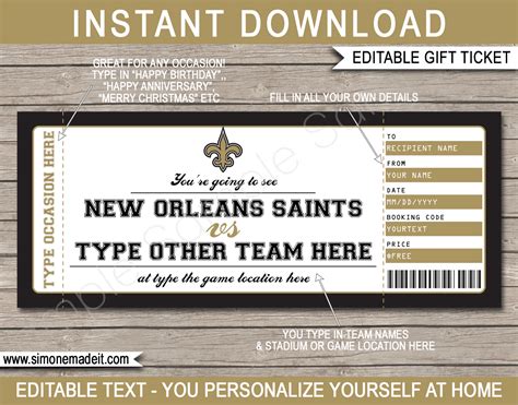 New Orleans Saints Game Ticket Gift Voucher | Printable Surprise ...