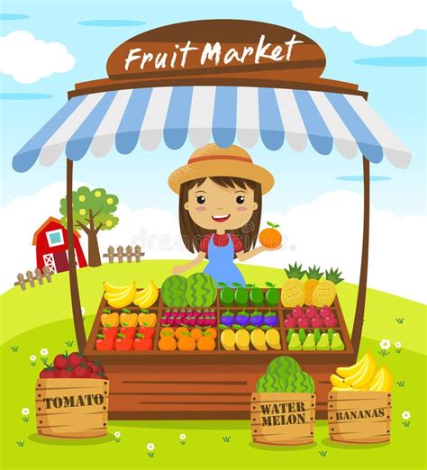 Fruit shop stall. Farmers market, cartoon characters vector ...