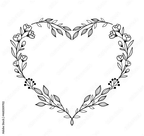 Floral heart shape frame. Decorative frame design with flowers and leaves. Hand drawn vector ...