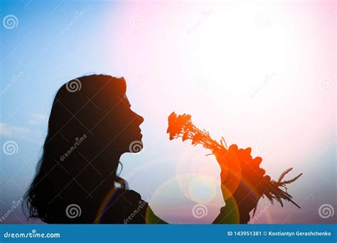 Happy Girl with a Bouquet Silhouette on Nature in the Park Sunset Stock Image - Image of healthy ...