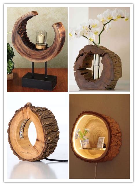 four different pictures of wood and glass items