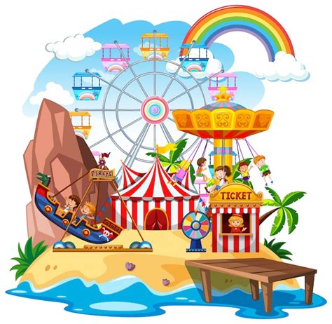 Free Vector | Themepark scene with many rides on the island