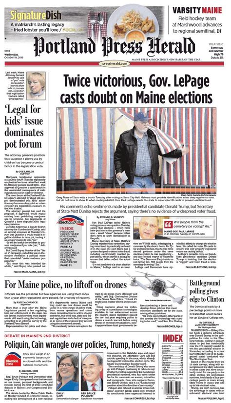 Today's Portland Press Herald front page, Wednesday, October 19, 2016 ...