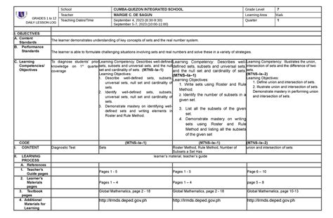 Q1-DLL math 7 - dll - GRADES 1 to 12 DAILY LESSON LOG School CUMBA-QUEZON INTEGRATED SCHOOL ...