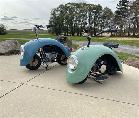 Tiny motorcycles built from old VW Beetle fenders. : r/pics