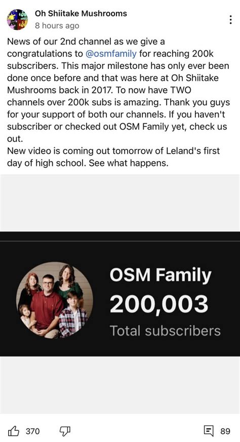 Oh Shiitake Mushrooms second channel. OSM Family reached 200k and they ...