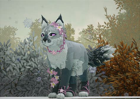 a painting of a cat standing in the middle of some bushes and trees with flowers around its neck