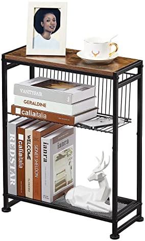 Small Side Table for Small Spaces - Slim End Table with Magazine Holder - 2 in 1 Design Narrow ...