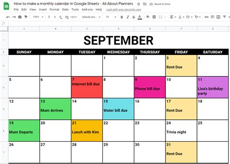 How to make a monthly calendar printable using Google Sheets (online tool similar to Excel)