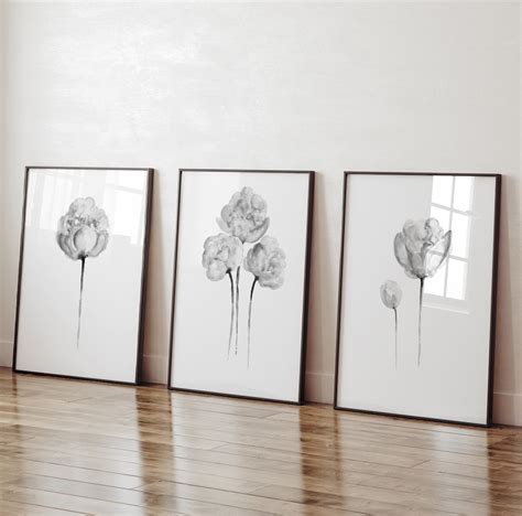 Peony Art Print, Peony Prints, Grey Peony Flower, Peony Bouquet Set of ...