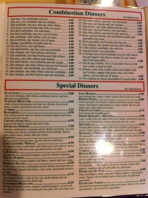 Menu at Los Cazadores restaurant, Rolla