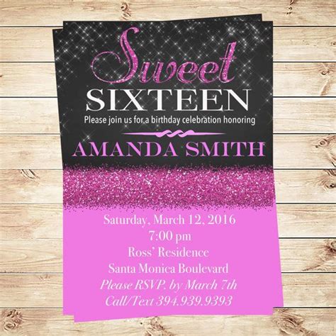 Printable Sweet 16 Birthday Party Invitation with glitter pink, Sweet sixteen Pink Gli… | 16th ...