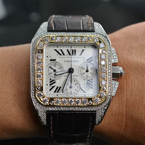 Cartier Santos 100 XL Chronograph Watch with 15.02 Carats of Diamonds 18K Gold/SS .82 Carat ...