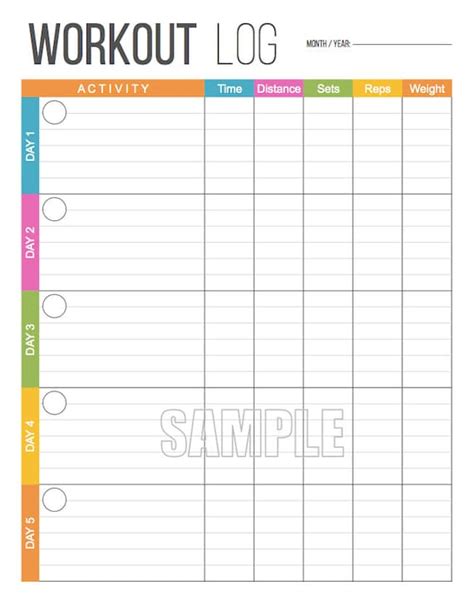 Workout Log Exercise Log Printable for Health and Fitness