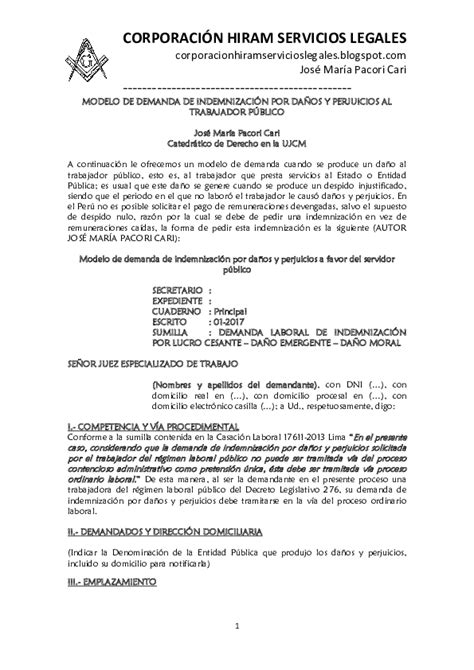 (DOC) MODELO DE DEMANDA DE INDEMNIZACIÓN POR DAÑOS Y PERJUICIOS AL TRABAJADOR PÚBLICO | Noxero ...