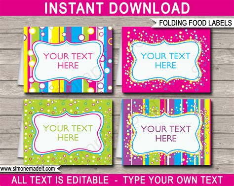 Colorful Food Labels | Place Cards | Printable & Editable Template