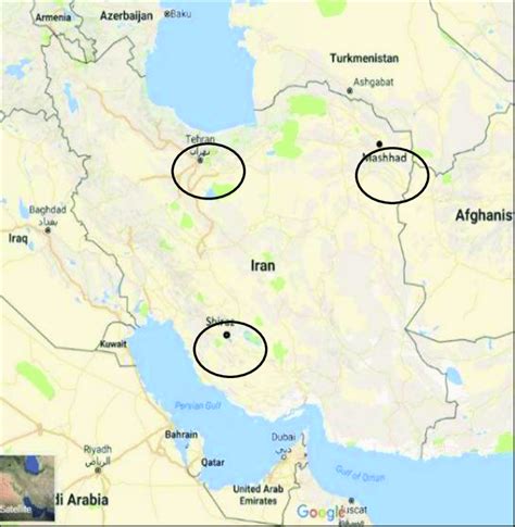 The map of Iran, showing Tehran, Mashhad and Shiraz, the three study... | Download Scientific ...