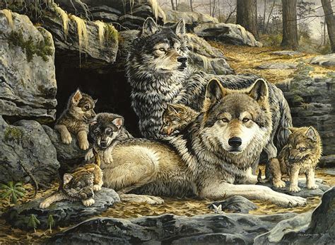 Spring Wolf Family, predators, parents, wolfpack, painting, wolves, artwork, HD wallpaper | Peakpx